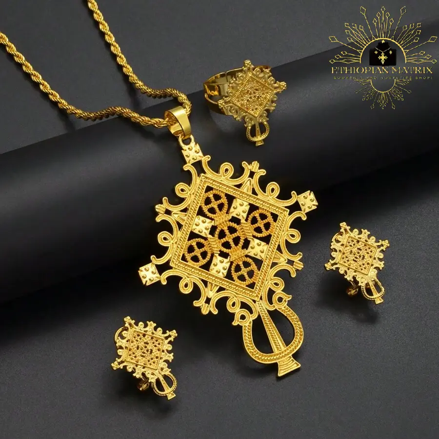 Large Ethiopian Saint George Cross Necklace with Matching Earrings & Ring Set 3pc (24KGP) መስቀል Meskel | Eritrean Habesha Lalibela Tsion Axum