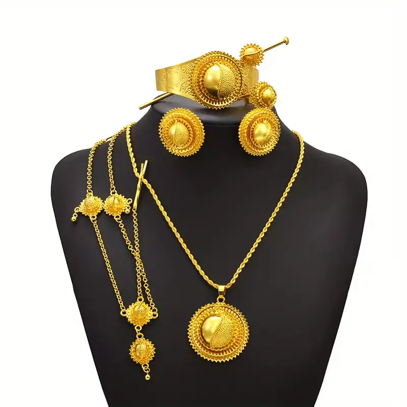 Ethiopian Wedding Jewelry Set – 6pc Habesha Bridal Jewelry | Eritrean Wedding Set | (24KGP) Necklace, Earrings, Ring, Bracelet & Headpieces