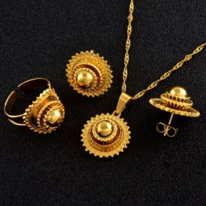 Elegant Ethiopian Sunburst Necklace with Matching Earrings & Ring 3pc Jewelry Set Pendant (24KGP) Eritrean Jewellry | Habesha Weddings ኢትዮጵያ | Ethiopian Matrix