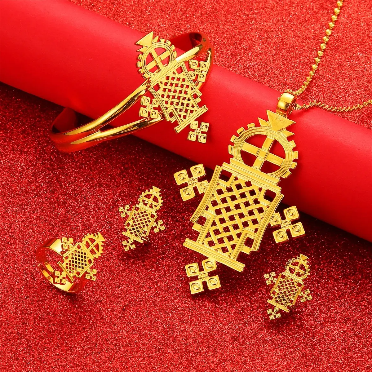 Imperial Ethiopian Orthodox Axum Cross Necklace | Eritrean Aksum 4 Piece Jewelry Set | Necklace, Earrings, Bracelet & Ring (24KGP) Habesha