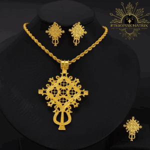 Large Ethiopian Saint George Cross Necklace with Matching Earrings & Ring Set 3pc (24KGP) መስቀል Meskel | Eritrean Habesha Lalibela Tsion Axum