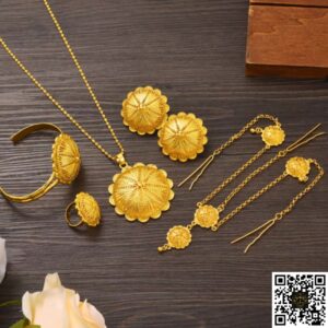 Ethiopian SunFlower Lily Jewelry | Eritrean Party Jewelry 5 Piece Set | Necklace, Earrings, Bracelet, Ring & Head Ornament (24KGP) | Habesha