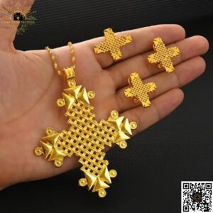 Big Ethiopian Orthodox Gold Cross Necklace with Matching Earrings & Ring Set 3pc (24KGP) መስቀል Meskel | Eritrean Lalibela Tsion Gondar መስቀል - Ethiopian Matrix @EthiopianMatrix