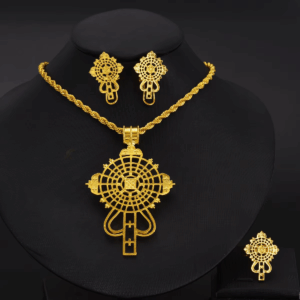 Luxurious Ethiopian Axum Gold Cross Necklace with Matching Earrings & Ring Set 3pc (24KGP) መስቀል Meskel | Eritrea Lalibela Tsion Zion Habesha | Ethiopian Matrix @EthiopianMatrix