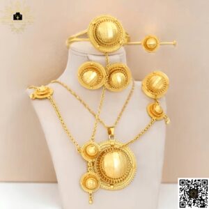 Ethiopian Celebration Jewelry Set - 6pcs Bridal Set for Habesha Bride (22KGP) | Necklace, Earrings, Ring, Bracelet, Hairpin & Head Ornament