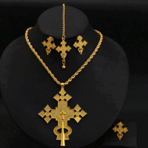 Ethiopian Orthodox Cross Necklace w/ Matching Earrings, Ring & Hair Ornament Set 4pc (24KGP) መስቀል Meskel | Eritrean Lalibela Habesha | Ethiopian Matrix @EthiopianMatrix