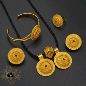 Ethiopian | Eritrean Red Sun Flower Necklace with Matching Earrings, Ring & Bracelet | 4pc Jewelry Set (24KGP) Traditional | Habesha Wedding