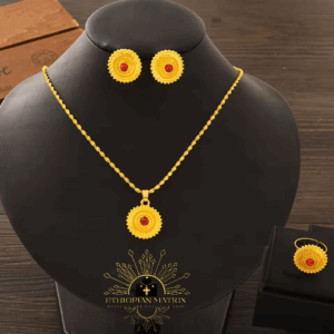 Elegant Ethiopian Royal 3pc Jewelry Set | Golden Sun Necklace with Ruby Red Accents (24KGP) Eritrean | Habesha Wedding ኢትዮጵያ Roots & Culture | Ethiopian Matrix @EthiopianMatrix