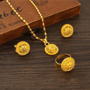 Ethiopian Small Flower Jewelry 3pc Set on Singapore Necklace, Earrings & Ring | Perfect for Weddings, Parties, Gifts (24KGP) አበባ Flower