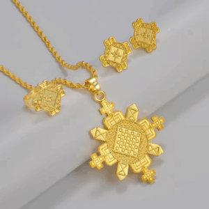 Gorgeous Ethiopian Gondar Gold Cross Necklace Jewelry Set - 3pc Set (24KGP) መስቀል Meskel | Eritrean, Lalibela, Axum, Gonder, Habesha Style | Ethiopian Matrix @EthiopianMatrix