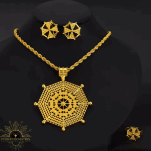 Extra Large Ethiopian Sun Dream Catcher Necklace with Matching Earrings & Ring | 3pc Jewelry Set (24KGP) Eritrean Jewellry | Habesha Wedding