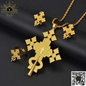 Majestic Ethiopian | Eritrean Orthodox Tewahedo Cross Necklace with Matching Earrings & Ring 3pc Jewelry Set (24KGP) መስቀል Meskel | Habesha