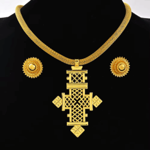 Magnificent Ethiopian Orthodox Cross Necklace on Cable Chain with Sunburst Earrings 2pc Jewelry Set (24KGP) | Eritrean Jewellry | Habesha | Ethiopian Matrix @EthiopianMatrix