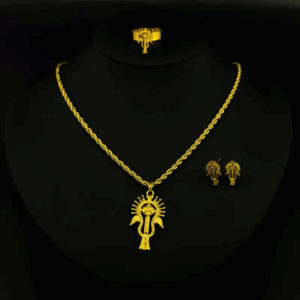 Timeless Traditional Ethiopian | Eritrean Lalibela Cross Pendant on a Rope Chain with Matching Earrings & Ring Set 3pc (24KGP) መስቀል Meskel | Ethiopian Cross Necklace | Eritrean Gold Necklace | Lalibela Cross Pendant (24KGP) | መስቀል Meskel | Habesha ሀበሻ Gold Jewelry | Ethiopian Silver Jewellry | African Jewelry | Wedding Jewelry | Bridal Jewellry | Dubai Wedding Jewelry | Rastafari Jewelry | Rastafari Necklace | Rastafari Pendant | Axum Cross | Gondar Cross | Gonder Meskel | Tsion Cross | Kidus Kidist | Tewahedo Church | Ancient Symbols | Roots and Culture | Habesha Wedding | Ethiopian Necklace | Ethiopian Ring | Ethiopian Bracelet