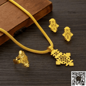Exquisite Ethiopian Gold Necklace with Matching Earrings & Ring 3pc Jewelry Set (24KGP) መስቀል Meskel | Eritrean Lalibela Cross Axum | Ethiopian Matrix @EthiopianMatrix