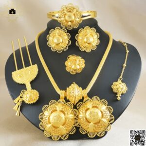 Ethiopian Bridal Wedding Jewelry Set |6pcs Set for Habesha Bride Party (24KGP) Necklace, Earrings, Ring, Bracelet, Hairpin & Head Ornament | Ethiopian Matrix @EthiopianMatrix