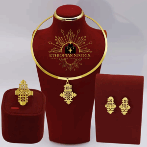 Ethiopian Orthodox Axum Cross Choker Necklace Jewelry Set with Matching Earrings & Ring (24KGP) አክሱም Aksum መስቀል Meskel | Habesha Jewellry | Ethiopian Matrix @EthiopianMatrix