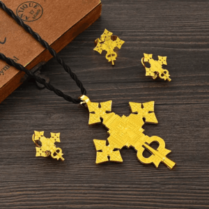 Large Ethiopian | Eritrean Orthodox Cross Pendant on a Black Rope Chain with Matching Earrings & Ring 3pc Set (24KGP) መስቀል Meskel | Ethiopian Matrix @EthiopianMatrix